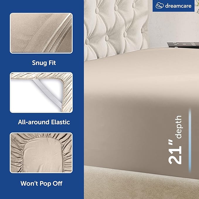 DREAMCARE Queen Sheet Set - 6 pcs Breathable Cooling Bed Sheets - up to 21" Extra Deep Pocket Queen Sheets Set with Side Pockets - Extra Soft 100% Brushed Hypoallergenic Hotel Luxury Bedding - Beige