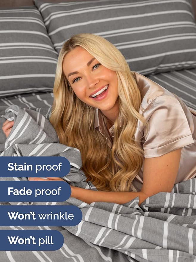 Extra Deep Twin Sheet Set - 3 Piece Breathable & Cooling Bed Sheets - Easily Fits 18 to 24 inch Mattress - Ultra Soft, Wrinkle & Fade Free w/ Extra Deep Pockets - Hotel Luxury Bedding - Grey Stripes 3