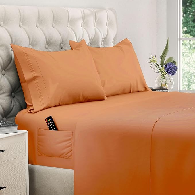 DREAMCARE King Size Sheets Set - Cooling Bed Sheets - 4pcs Set - up to 15" Deep Pocket King Sheet Set – Soft & Long Lasting Cooling - 100% Fine Brushed Polyester with Side Pocket, Terracota