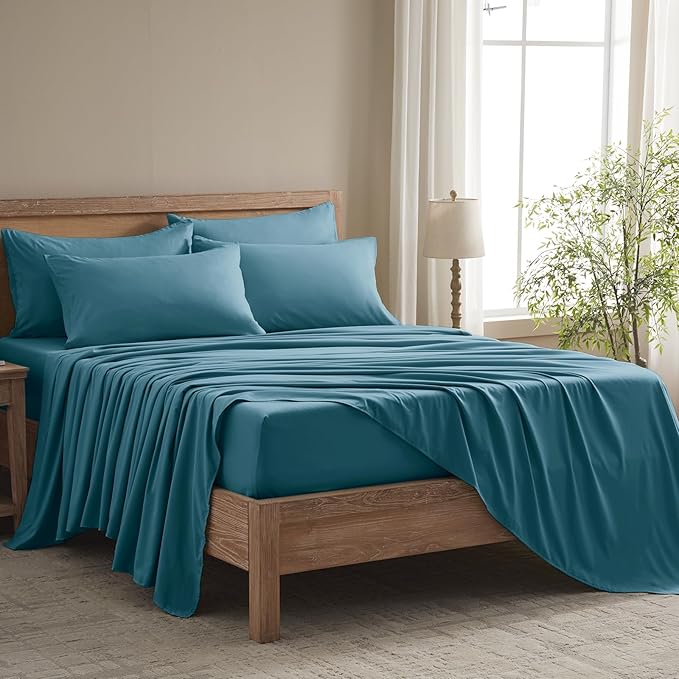 Full Size Bed Sheets - 6 Piece Soft Microfiber and Wrinkle Free Sheets - Easy Care, Extra Soft, Cooling Sheets - 1 Deep Pocket Fitted Sheet 1 Flat Sheet and 4 Pillowcases (Full Denim Blue)