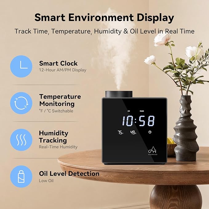 2026 Smart Waterless Diffuser, 2000 Sq.Ft Cold Air Scent Diffuser with Clock & Environmental Display | 7 Fragrance Levels, 9 Timer Settings, Hotel Collection Diffuser for Home & Large Rooms (Black)