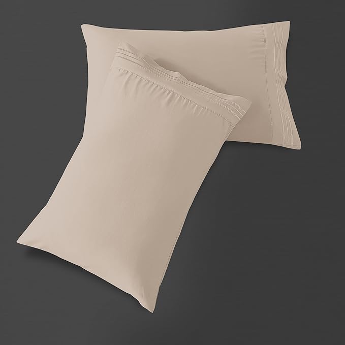 Mocassi 2-Piece Premium King Pillowcase Set 1800 Series Hotel Quality Microfiber - Soft and Breathable with 3-Line Embroidery Wrinkle and Stain Resistant, Easy Care, 20" x 40", Cream