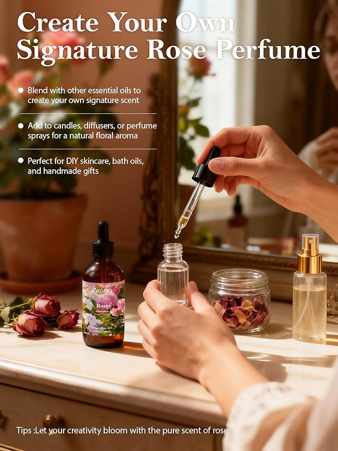 Rose Essential Oil in Premium Gift Box - Essential Oils for Home Diffusers - Perfect Self-Care & Spa Gift for Women 4 Fl Oz =