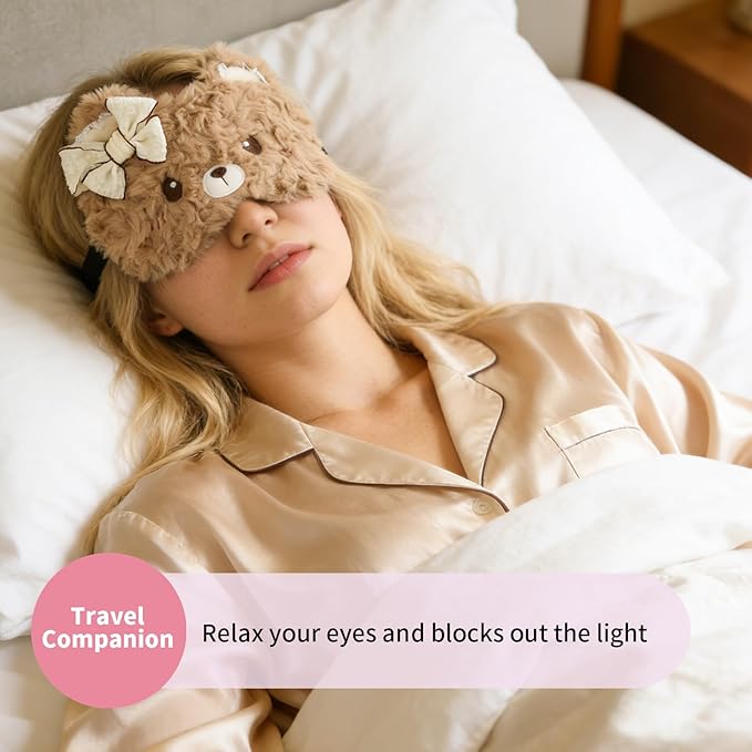 PERFECTSIGHT Sleep Eye Masks, Cute Plush Sleep Eye Cover Lightweight Adjustable Eyeshade Faux Fur Mask Cover for Women Men Sleep Travel Nap, Coffee Lace Bear