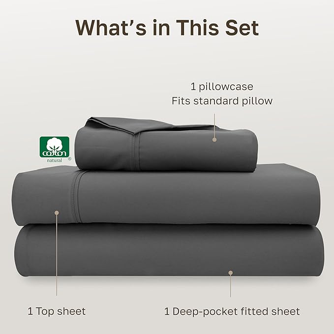 California Design Den Soft 100% Cotton Twin XL Sheet Set, 400 Thread Count Good Housekeeping Award Winner, Silky Smooth Sateen Weave, Durable Cotton Bed Sheet Set - Grey