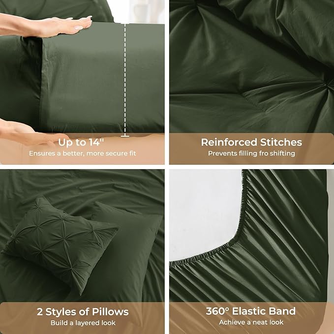 Sasttie Full Size Comforter Set, 7-Piece Bed in a Bag, Pintuck Bedding Set for All Season, Includes Comforter, Flat Sheet, Fitted Sheet, Pillowcases and Pillowshams, Dark Green