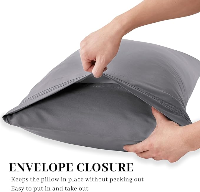 YIYEA King Pillow Cases Set of 4, Ultra Soft 1800TC Hotel Quality Double Brushed Microfiber Embroidered Pillowcases, Envelope Closure, Fade Resistant (20"x36", Medium Grey)