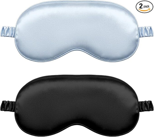 2Pcs Silk Sleeping Mask, Soft Breathable Blackout Eyeshade Comfortable Adjustable Satin Eye Shade for Women Sleep Travel Nap Bridesmaid Gifts (Blue, Black)