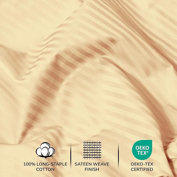 Feather & Stitch 500 TC Queen Size Damask Bed Sheet Set, 100% Cotton Soft Breathable Bedsheets, 4 Piece 18" Deep Pockets Sateen Weave Striped Bedding Mattress Resort Hotel Luxury - (Semolina Stripe)