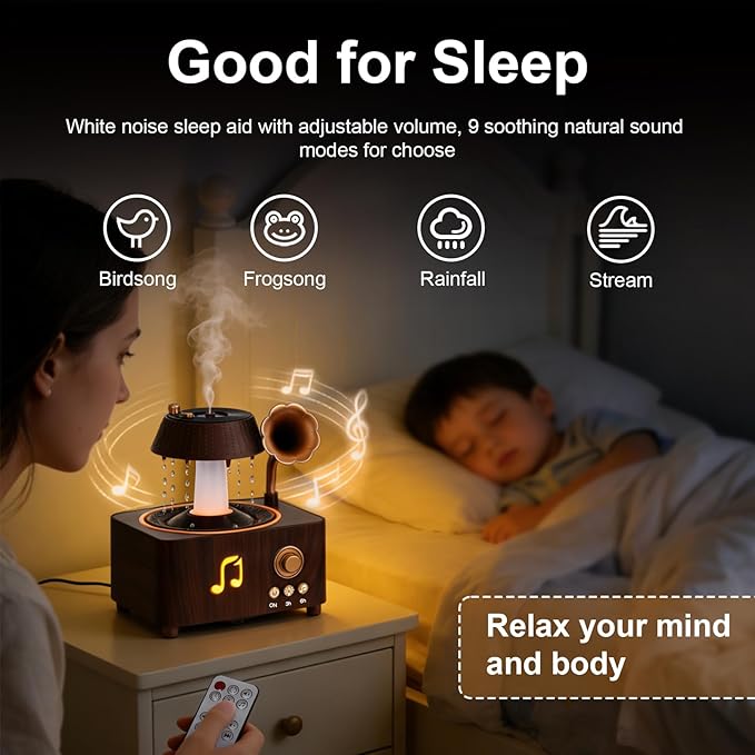 Morbou Raindrop Aroma Diffuser Room Humidifier with White Noise, 7-Color Air Mist Essential Oil Diffuser Sleep Sounds Aroma Rain Drop, with Remote Control Extra 2 Essential Oils