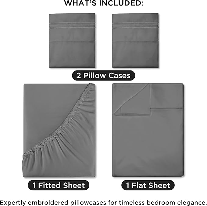 ROYALE LINENS 4 Piece Cal King Sheets Set - Soft Brushed 1800 Microfiber Bedding - 1 Fitted, 1 Flat Sheet, 2 Pillow Cases - Wrinkle Free & Fade Resistant - Hotel Luxury Bed Sheets (Grey, Cal King)