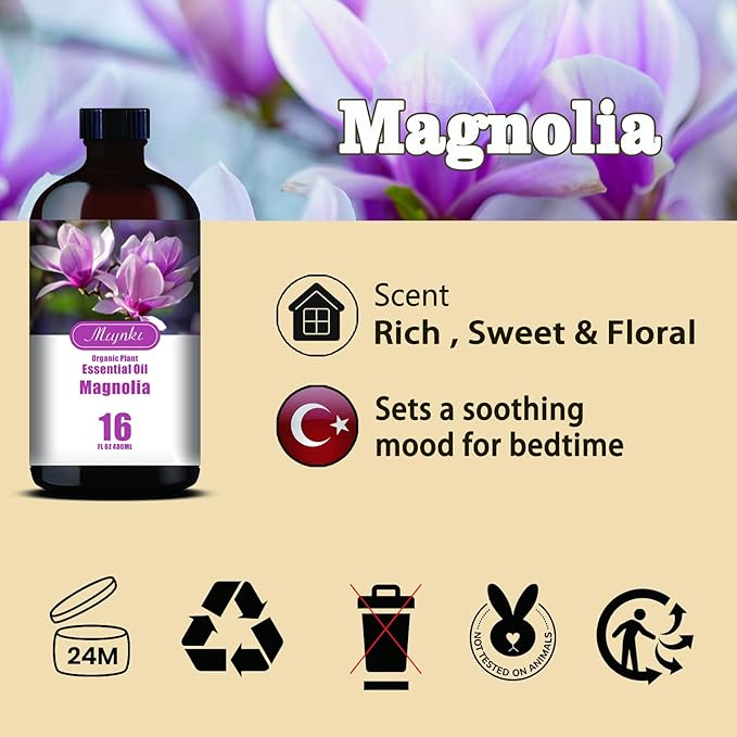 Magnolia Essential Oil – MLYNKL Magnolia Oils 16.33 fl oz for Diffusers, Humidifiers, Massage, DIY Candles, Soap, Cleaning, Home, Yoga, Office, Gifts - 490 ml