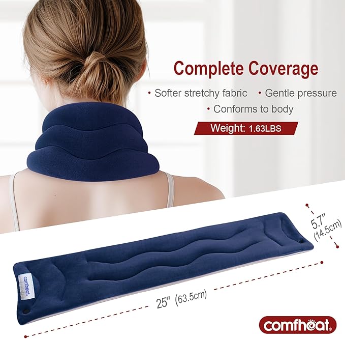 Neck Heating Pad Microwavable for Pain Relief, Moist Hot Compress Microwave Neck Warmer Wrap FSA Eligible HSA for Sore Muscles Relief, Lavender Aroma, 25 x 5.7 Inches, Blue