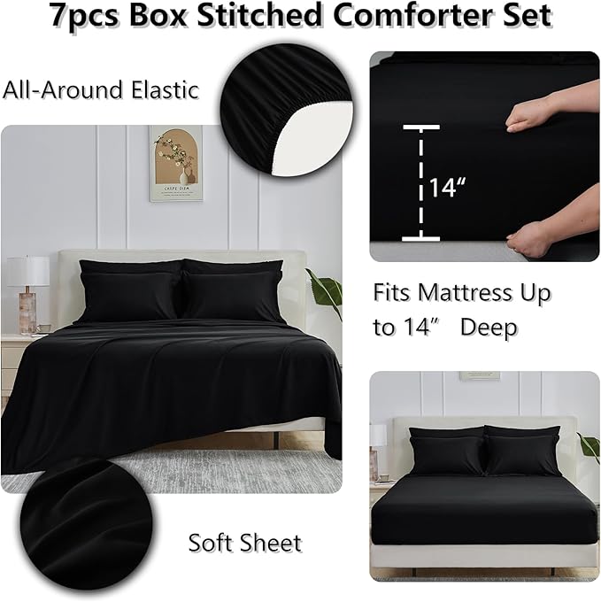 CozyLux Oversized King Comforter Sets Black, 7 Pieces Bed in a Bag, 120x98 Box Stitched Design Bedding Set, All Season Soft Bed Set with Down Alternative Comforter, Sheets, Pillowcases & Shams