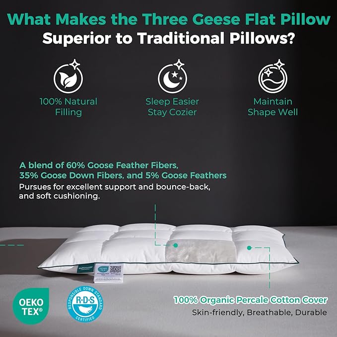 Three Geese Ultra Thin Flat Goose Down Feather Pillows for Sleeping Standard Size Set of 2, 2.5" Height, 100% Cotton Cover, Ultra Slim Hotel Collection Bed Pillow for Stomach, Back Sleeper, 18x26 in.