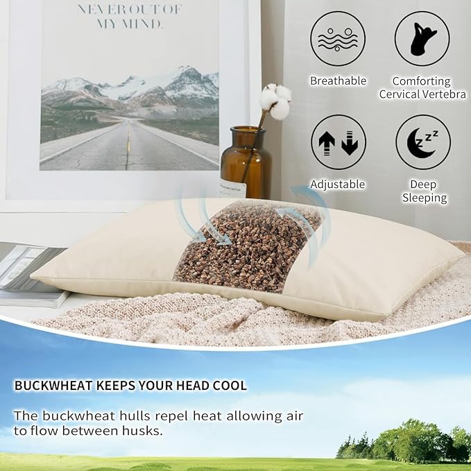 Organic Buckwheat Pillow for Sleeping with Organic Cotton Pillowcase - 20''x26'' Adjustable Pillow, Breathable for Cool Sleep, Cervical Support for Back and Side Sleeper(Tartary Buckwheat Hulls)