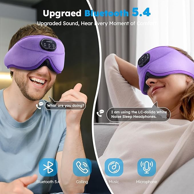 LC-dolida White Noise Sleep Mask, 3D Sleep Headphones with 16 Soothing Sounds, Bluetooth 5.4 Sleep Eye Mask with Timer, Total Blackout Sleeping Headphones for Side Sleeper (Purple)