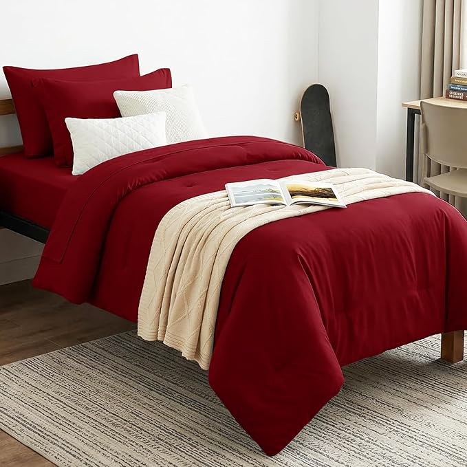 CozyLux Twin XL Comforter Set Dark Red, 5 Pieces Bed in a Bag Twin Extra Long Comforter Set with Sheets for College Dorm, Luxury Bedding Sets with Down Alternative Comforter, Sheets, Pillowcase & Sham