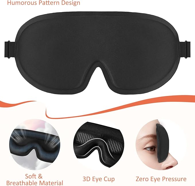 Funny 3D Zero Pressure Sleep Eye Mask for Men Women Side Sleeper, Adjustable Blackout Soft Breathable Eye Masks for Travel Nap Night Sleep, Humorous Gift Stocking Stuffers (Black)