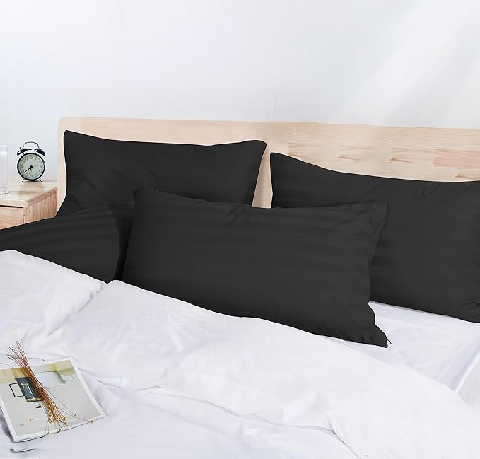 Pillow Protector King Size 100% Egyptian Cotton Pillow Covers, 400 Thread Count Sateen Weave Pillow Cases with Zipper Hidden, Breathable Non Noisy Easy Care, Set of 4(Striped Black)