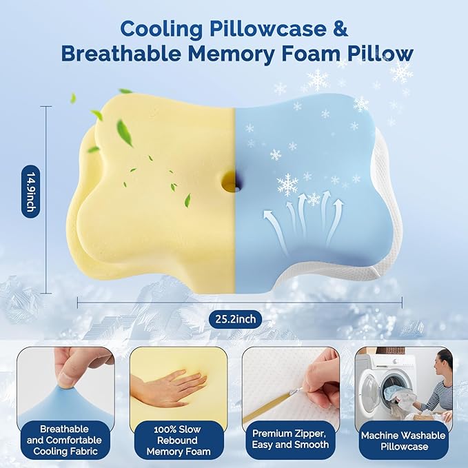 Cervical Neck Pillow, Ergonomic Side Sleeper Pillow for Neck Support, Cooling Memory Foam Pillows for Sleeping, Contour Orthopedic Bed Pillows for Side Back Stomach Sleepers (Sky Blue)