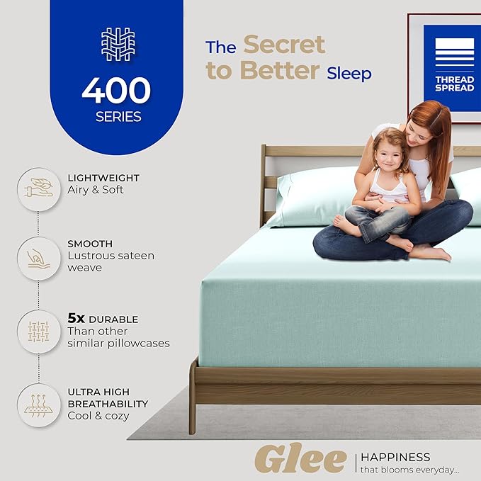 THREAD SPREAD 100% Cotton King Size Pillow Cases Set of 2 - Luxury 400 Series Glee Collection Pillow Cases King Size (Sea Foam)Soft Cooling Breathable & Durable Sateen Hotel Quality Cotton Pillowcases
