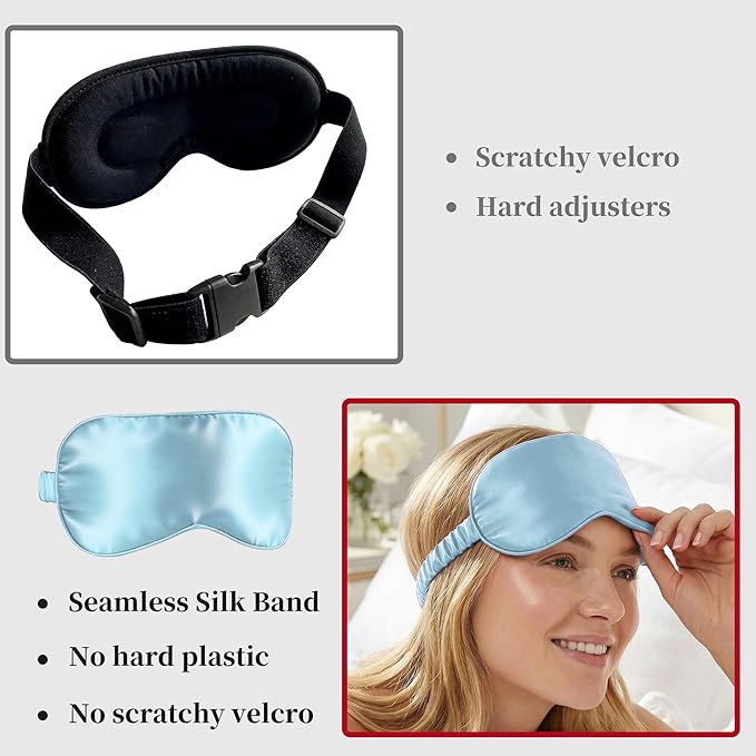 ZLYC 100% Mulberry Silk Sleep Mask Pressure-Free Eye Cover Soft Light Blocking Blindfold for Travel & Nap, Solid Light Blue