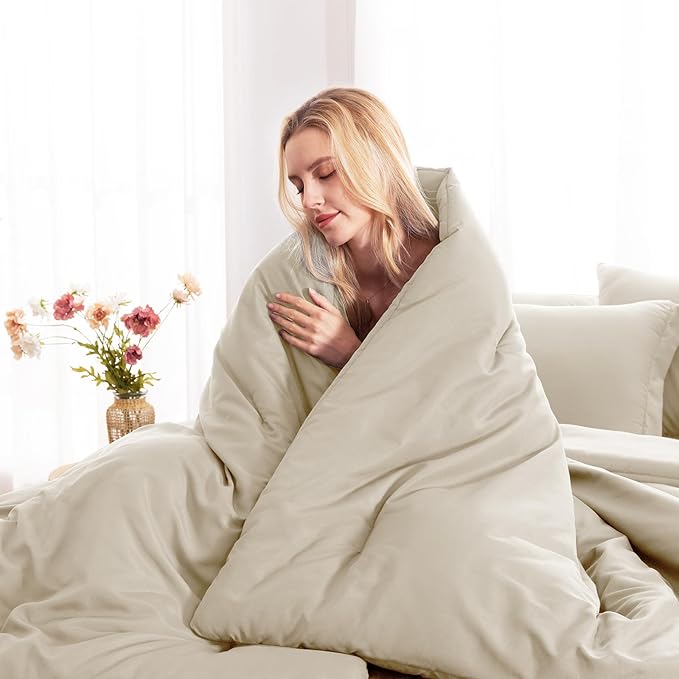 CozyLux Queen Comforter Set Oatmeal, 7 Pieces Bed in a Bag Queen Comforter Set with Sheets, Luxury Soft Bedding Sets with Down Alternative Comforter, Fitted Sheet, Flat Sheet, Pillowcases & Shams