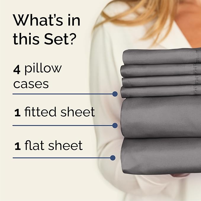 Queen 6 Piece Sheet Set - Comfy, Breathable & Cooling - Hotel Luxury Bedding for Women, Men, Kids, Teens & Children - 1 Flat & 1 Fitted Sheet & 4 Pillowcases w/ Deep Pockets - Wrinkle Free - Dark Grey