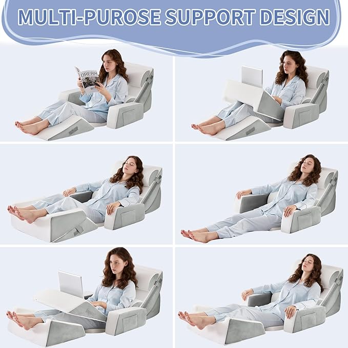Yojoker Orthopedic Bed Wedge Pillow Set for Sleeping, Post Surgery Foam for Body, Back and Leg Pain Relief Comfortable & Adjustable Support Pillows-Anti Snoring, Heartburn (Gray, 9 Piece Set)