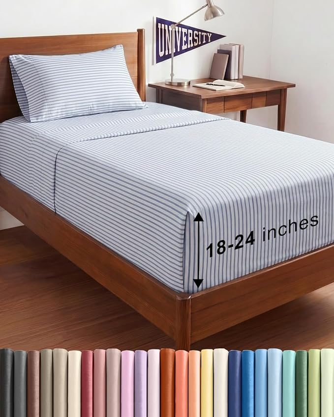 Extra Deep Twin XL Sheet Set - 3 Piece Breathable & Cooling Bed Sheets - Easily Fits 18 to 24 inch Mattress - Soft, Wrinkle & Fade Free w/ Extra Deep Pockets - Hotel Luxury Bedding - Blue Stripes 2