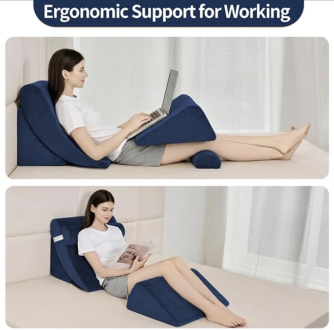 4PCS Orthopedic Bed Wedge Pillow Set for Post Surgery&Pain Relief,Adjustable Wedge Pillow for Back,Acid Reflux,Sitting up in Bed,Recovery,Snoring,Body Pillow for Sleeping (Navy)
