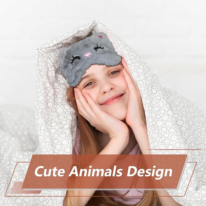 Cute Cat Sleeping Mask Eye Mask Funny Animal Kitten Sleep Mask Soft Plush Blindfold Travel Eye Cover Eyeshade for Kids Adults Girls Boys Women Men (Cat, Gray)