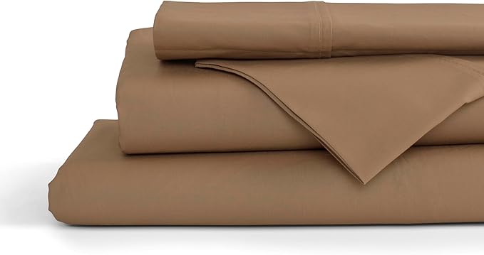 Linen Home 100% Cotton Percale Sheets Twin Size, Earthy Brown, Deep Pocket, 3 Pieces Set - 1 Flat, 1 Deep Pocket Fitted Sheet and 1 Pillowcase, Crisp Cool and Strong Bed Linen