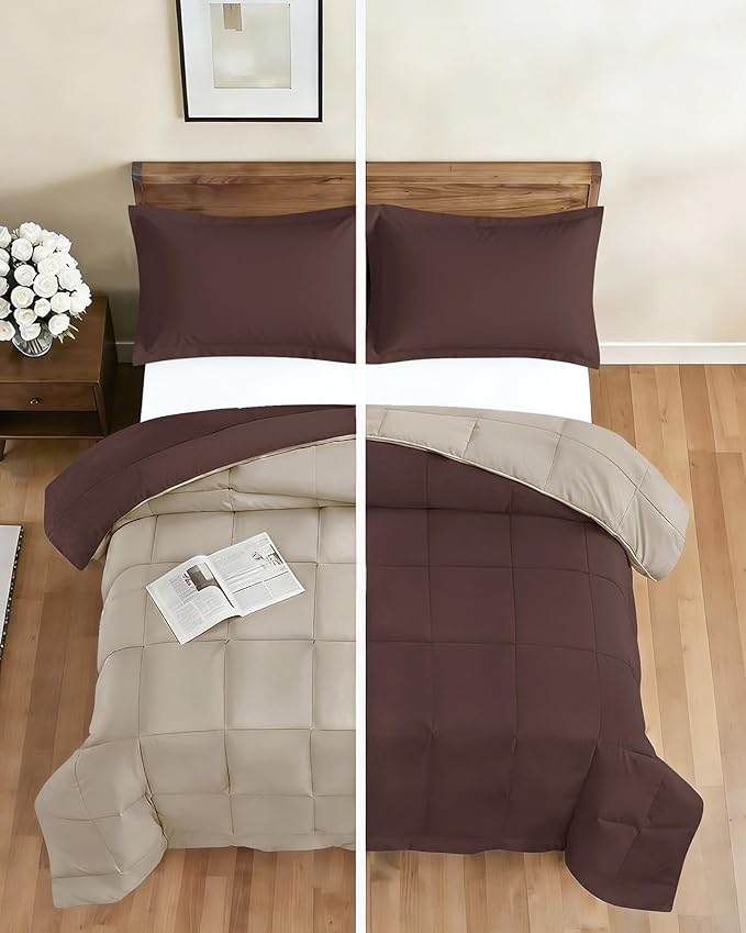King Comforter Set - 3 Piece Bed Set for All Seasons - 1 Soft Quilted Comforter with Corner Tabs & 2 Pillow Shams - Comfy & Breathable - Premium Down Duvet Insert - Oeko-TEX - King Size, Brown/Beige