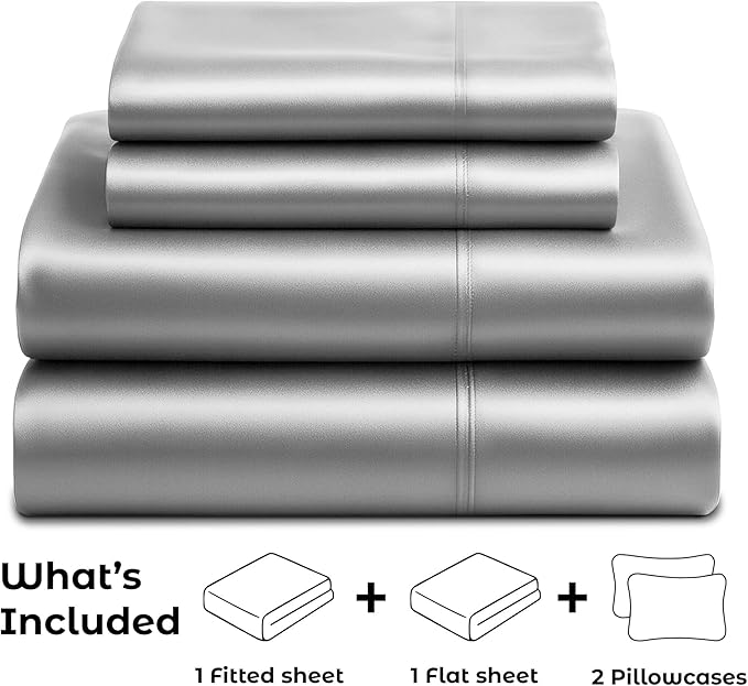 Satin Sheets King [4-Piece, Grey] Hotel Luxury Silky Bed Sheets - Extra Soft 1800 Microfiber Sheet Set, Wrinkle, Fade, Stain Resistant - Deep Pocket Fitted Sheet, Flat Sheet, Pillow Cases