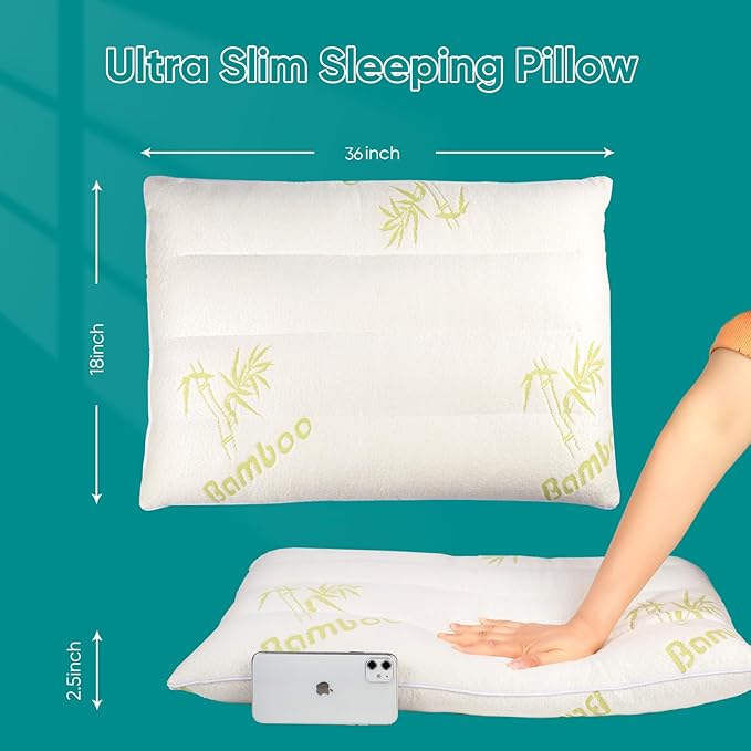 MINUPWELL Ultra Thin Pillows, Flat Pillows for Sleeping Thin, 7D High Support 2.5 inch Height Slim Bed Pillows for Stomach Sleeper, King Size -18x36 in - Rayon Derived from Bamboo