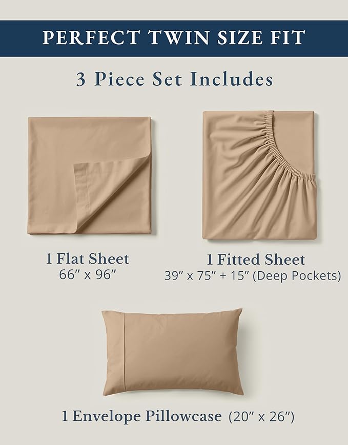 LANE LINEN 100% Organic Cotton Sheets Set Pure Long- Staple Percale Weave - Bedding for Bed Fits Mattress Upto 15in Deep Pocket (Twin Taupe)