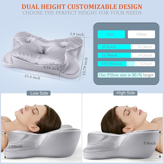 Dual Ear Relief Zone Contour Pillow, Ice Silk Satin Cervical Memory Foam Pillow for Sleeping, Ergonomic Neck Support for Side, Back & Stomach Sleepers