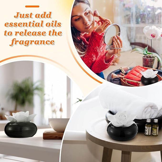Honeydak 3 Pcs Reedless Ceramic Diffuser Set, Porcelain White Flower Aromatherapy Essential Oil Diffuser for Home Office Bathroom Tabletop Decor, Non-Electric, Valentines Day Gift (Camellia)