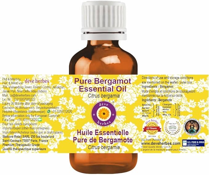 Deve Herbes Pure Bergamot Essential Oil (Citrus bergamia) Natural Therapeutic Grade Steam Distilled 100ml (3.38 oz)