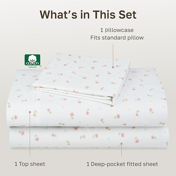 California Design Den Soft 100% Cotton Twin XL Bed Sheets Set, 400 Thread Count Good Housekeeping Award Winner, Smooth Sateen Finish, Cozy and Durable Twin XL Bedding Set - Soft Floral
