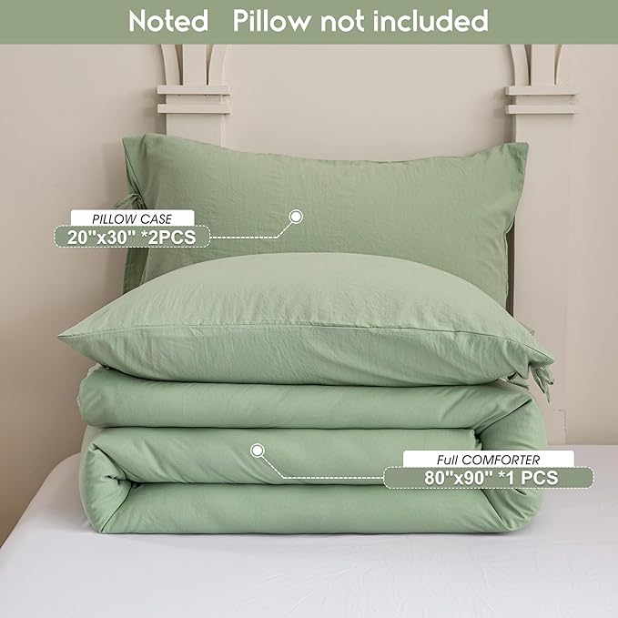 Sage Green Full Size Comforter Set, Super Soft Boho Plush Washed Polycotton Fabric, Cozy Comfy Down Alternative Bedding Blanket Comforter & Pillowcase Lightweight but Warm for All Season Use