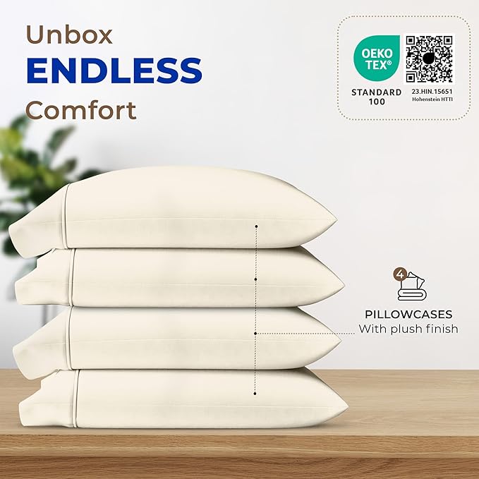Thread Spread 100% Egyptian Cotton Pillow Cases Queen Size Set of 4 - Luxury 1000 Series Paradise Collection Queen Pillow Cases (Pack of 2, Ivory), Soft Cooling Hotel Egyptian Cotton Pillowcases