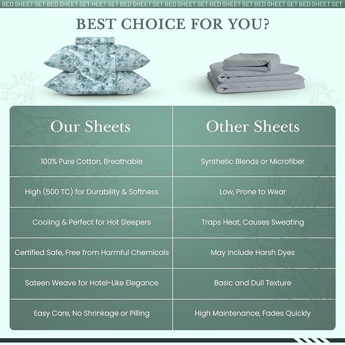 Feather & Stitch Printed 500 TC Full Size 4pc Damask Bed Sheet Set, 100% Soft Cotton Breathable Bedsheets, 18" Deep Pockets Sateen Weave Striped Bedding Mattress Resort Hotel Luxury Decor - Green Leaf