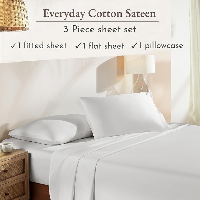 California Design Den Twin XL Bed Sheets Set - Natural 100% Cotton Sheets with 12" Pockets, Soft Sateen Weave, Breathable and Durable Bedding Set for Dorm Rooms, College Ivory (Eggshell)