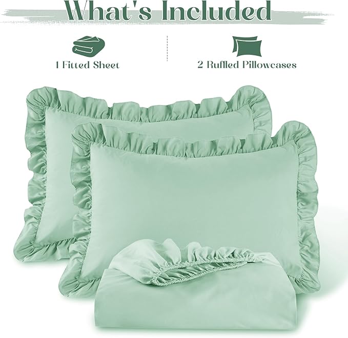 Homiest 2-Pieces Ruffle Pillow Case & Fitted Sheet Set, Sage Green Twin Sheets with Ruffled Pillow Shams, 15 Inch Deep Pocket, Cute & Coquette Microfiber Bed Set for Decorating Bedroom Hotel