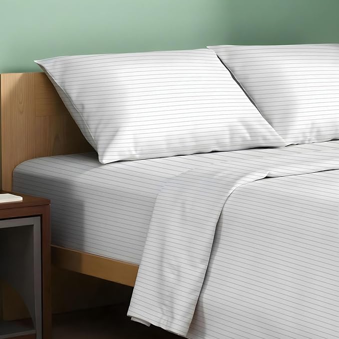 TEXAS LINEN CO. 100% Organic Cotton Printed Sheets King Size - 4 PC Organic Cotton Percale Sheets King Set (Pinstripe - Light Grey), Cooling & Breathable Sheet, 16" Deep Pocket - GOTS Certified