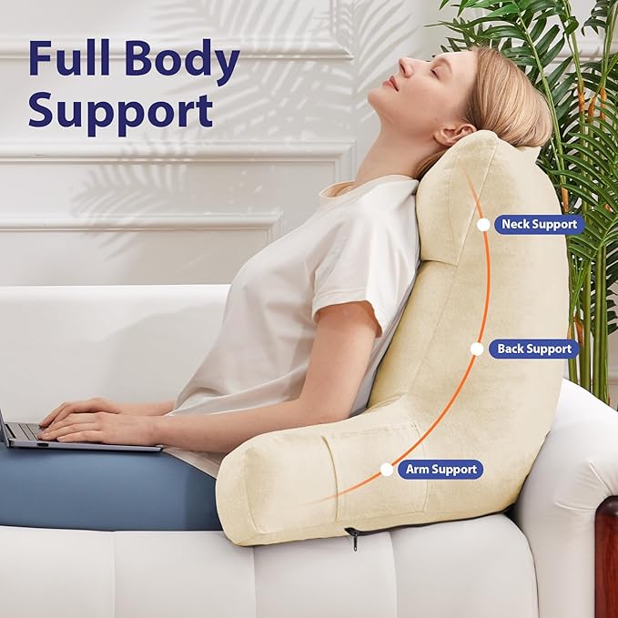 IPYNBAP Back Pillow for Bed Sitting up, Reading Pillow for Sitting in Bed Adult, Back Support Pillow, Memory Foam Sit up Lounge Backrest Pillow with Arms for TV, Couch, Chair, Dorm, 24 Inch, Beige
