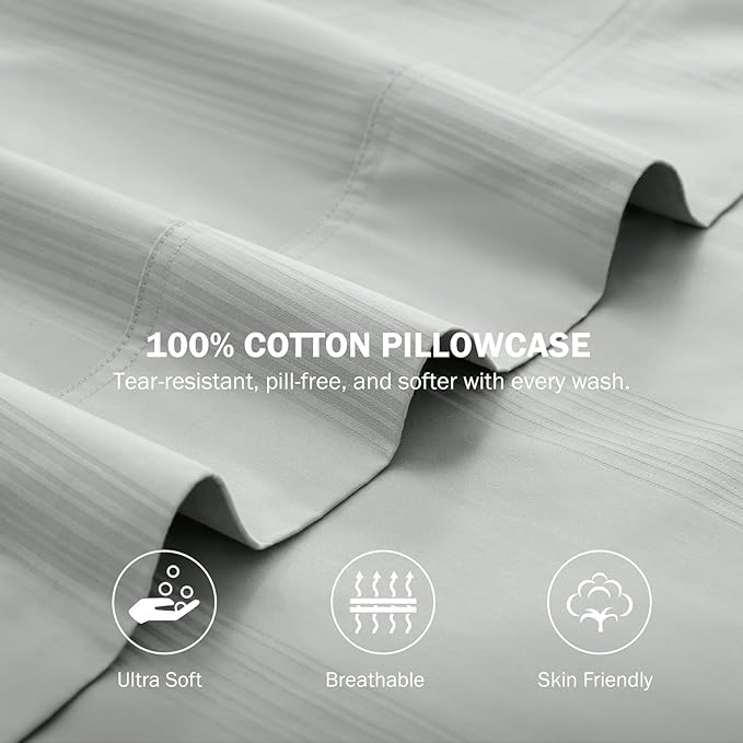 100% Cotton Pillow Cases Set of 2, Sateen Stripe Standard Size Pillowcase, Soft Breathable Pillow Covers, Hotel Quality Bedding, 20" x 30", Smoke Gray